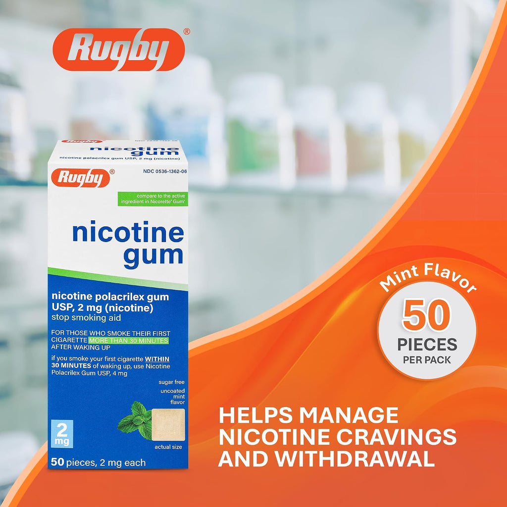 Rugby Polacrilex 2mg Nicotine Gum - USP Uncoated Mint Flavor, Sugar-Free Quit Smoking and Vaping Aid, 50 Count (8-Pack)