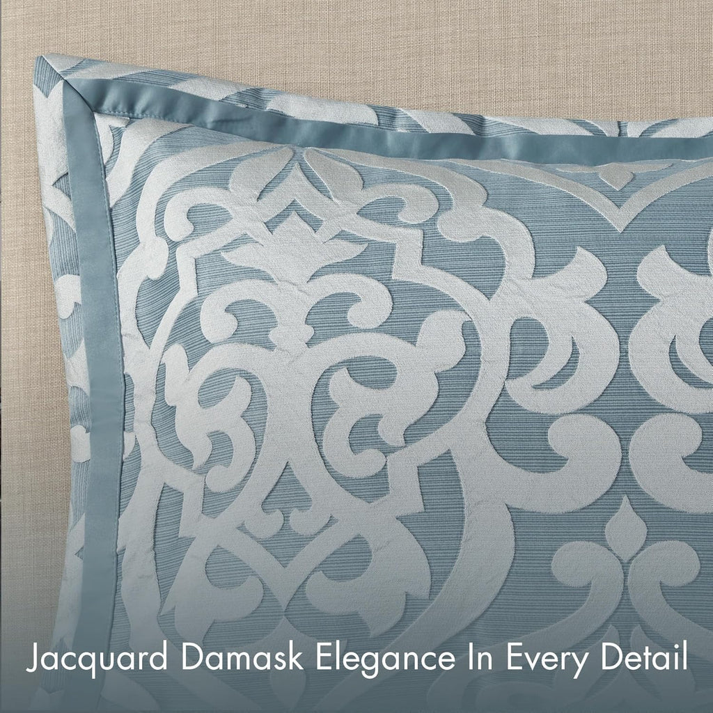 Madison Park Odette Cozy King Size Comforter Set Jacquard Damask Medallion Design - Modern All Season, Down Alternative Bedding, Shams, Decorative Pillows, King(104 in x 92 in), Aqua