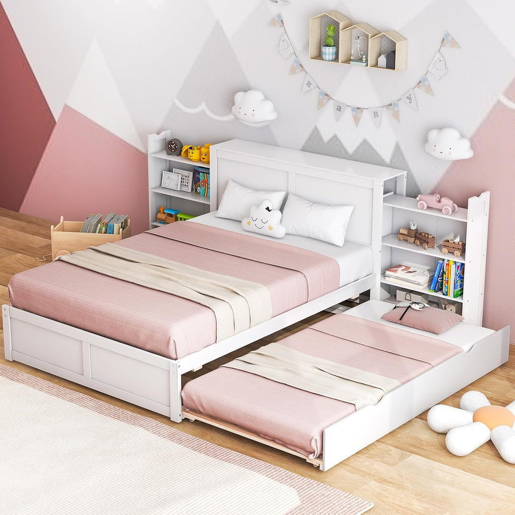 Giantex Full Size Bed Frame with Twin Trundle, Wooden Storage Platform Bed with 2 Rolling Bookcases & Headboard, Full Bed Frames for Kids, No Box Spring Needed, White