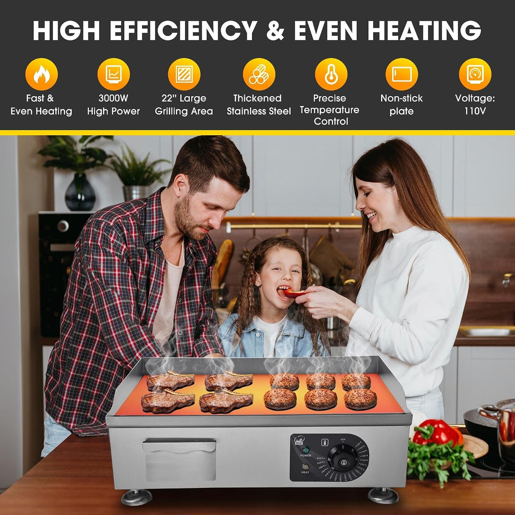 WeChef 22'Commercial Griddle 3000W Electric Countertop Griddle Non-Stick Flat Stainless Steel Adjustable Restaurant Grill Temperature Control Restaurant BBQ Grill