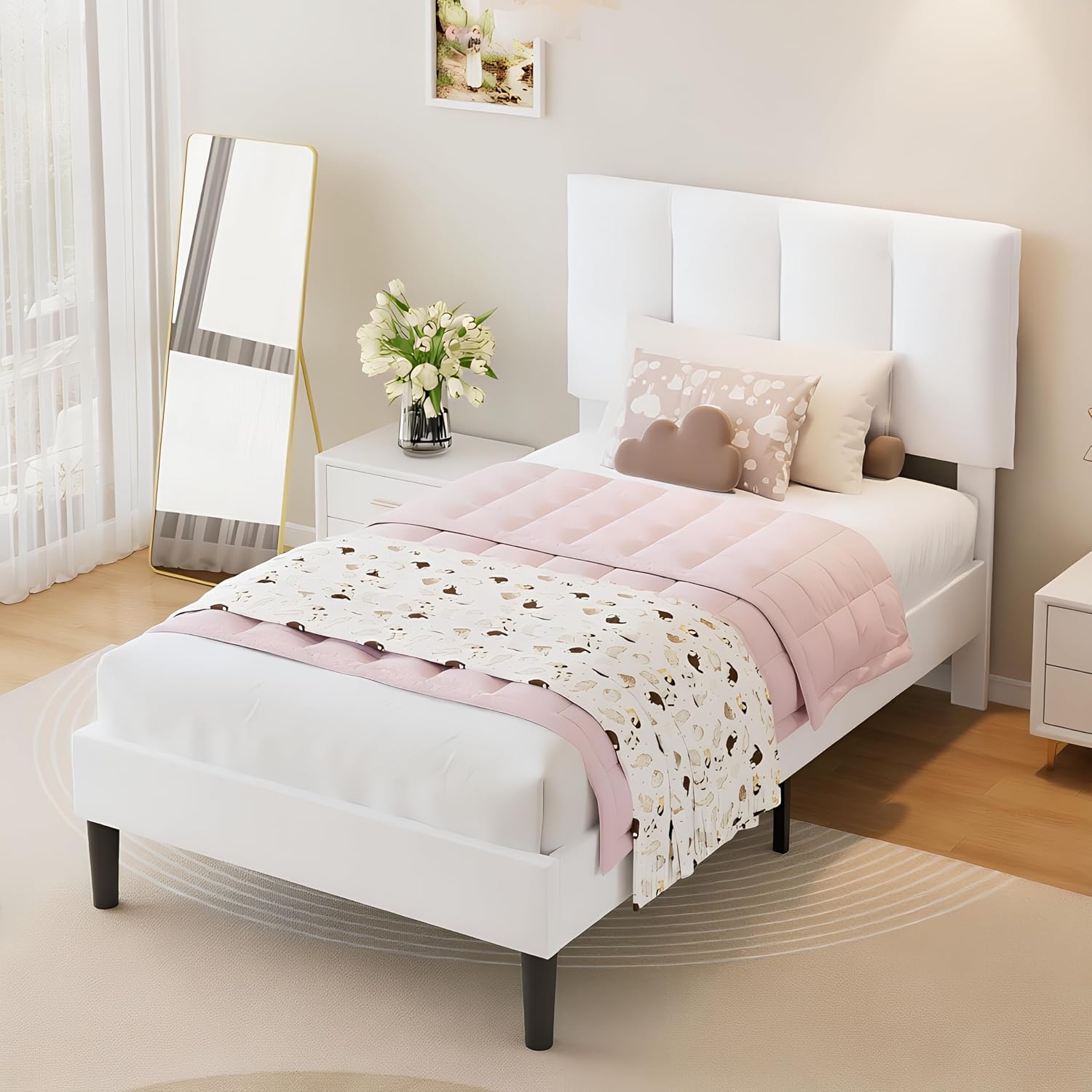 VECELO Twin Size Bed Frame with Upholstered Headboard, Heavy-Duty Bedframe with Wooden Slats & Steel Framework, Easy Assembly, Pure White