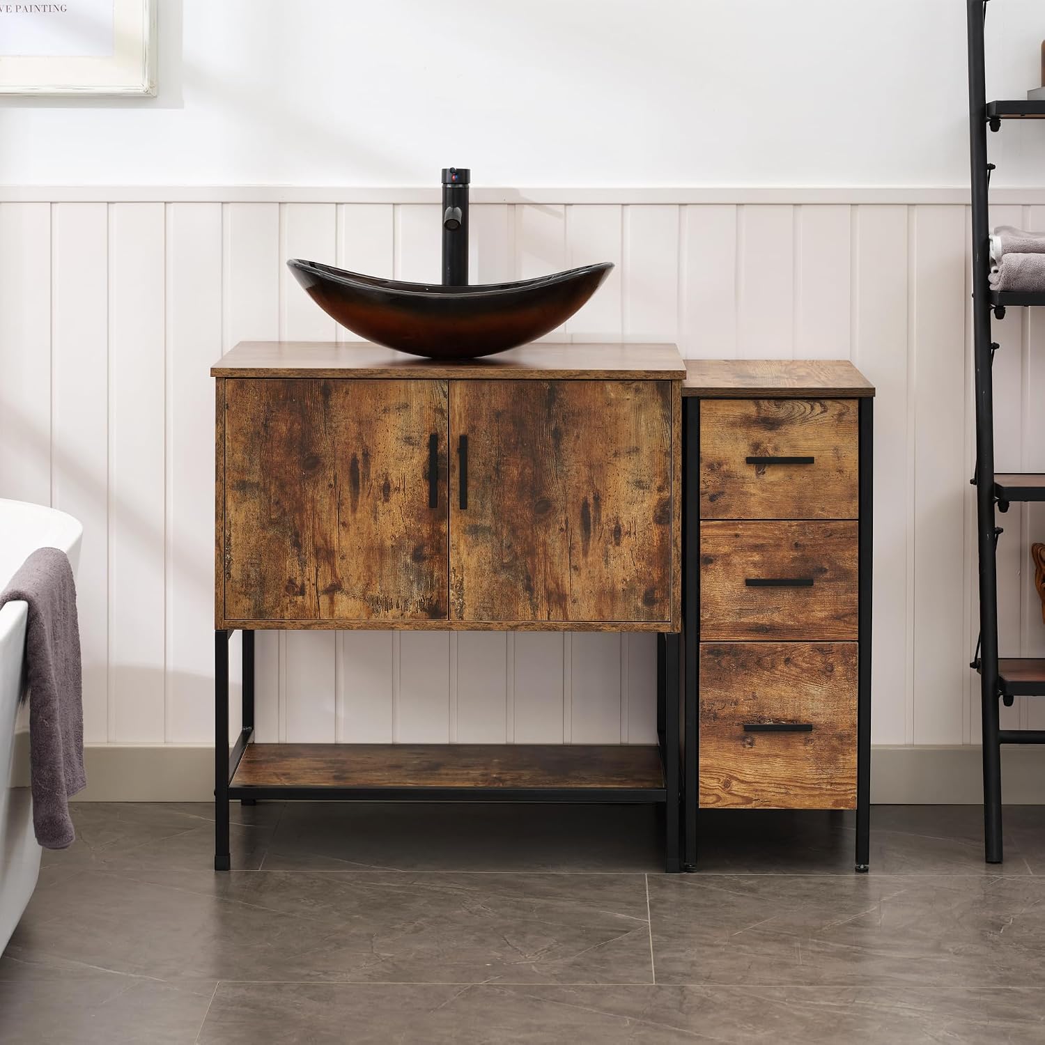 UEV 42' Rustic Brown Bathroom Vanity with Sink Combo,Industrial Iron Frame Bathroom Cabinet Sets with 3 Drawers Side Cabinet,Modern Brown Boat Tempered Glass Vessel Sink(029BR)