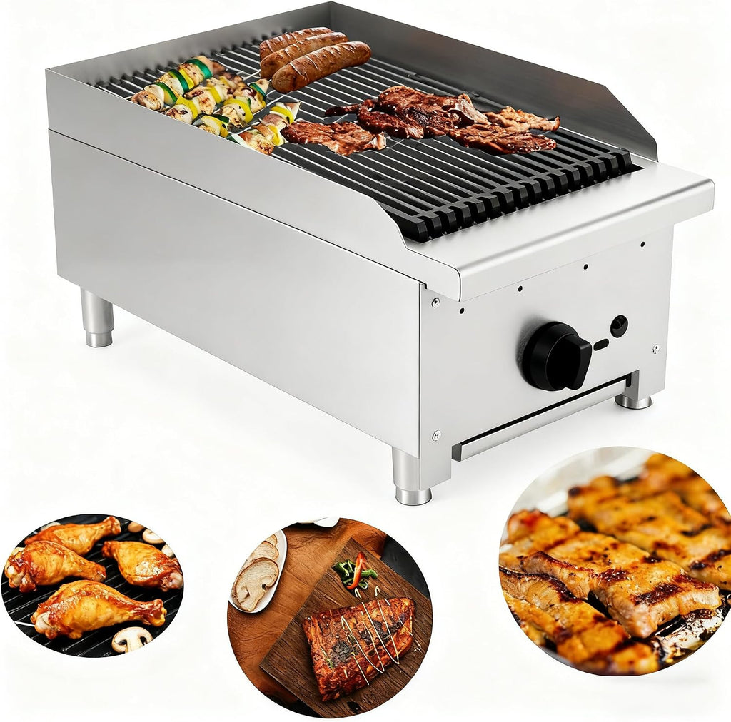 12 Inch Commercial Gas Lava Rock Charbroiler, Stainless Steel Countertop Grill with 1 Burner, Restaurant BBQ Broiler with Durable Cast Iron Grates, Natural Gas/Propane, 28000 BTU