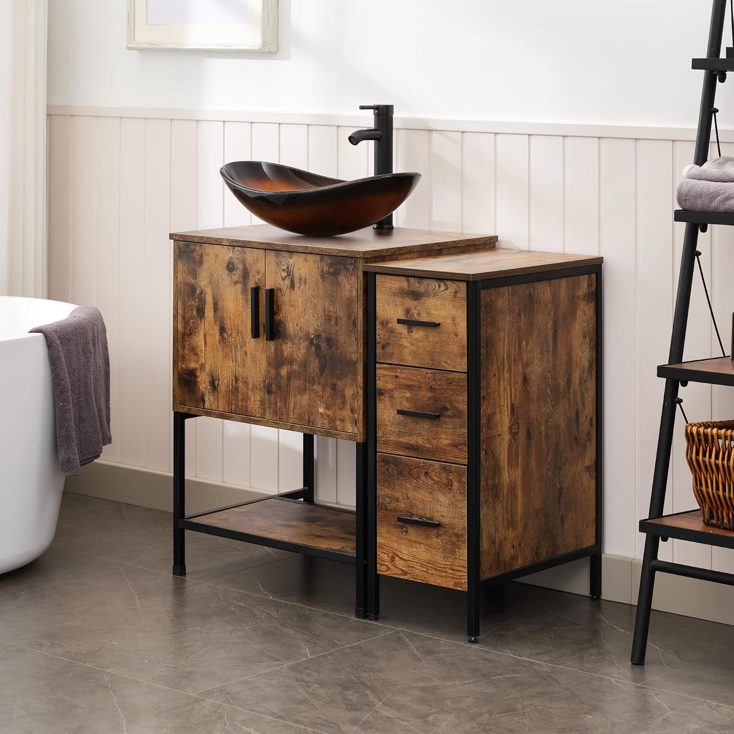 UEV 36' Rustic Brown Bathroom Vanity with Sink Combo,Industrial Iron Frame Bathroom Cabinet Sets with 3 Drawers Side Cabinet,Modern Brown Boat Tempered Glass Vessel Sink(029BR)