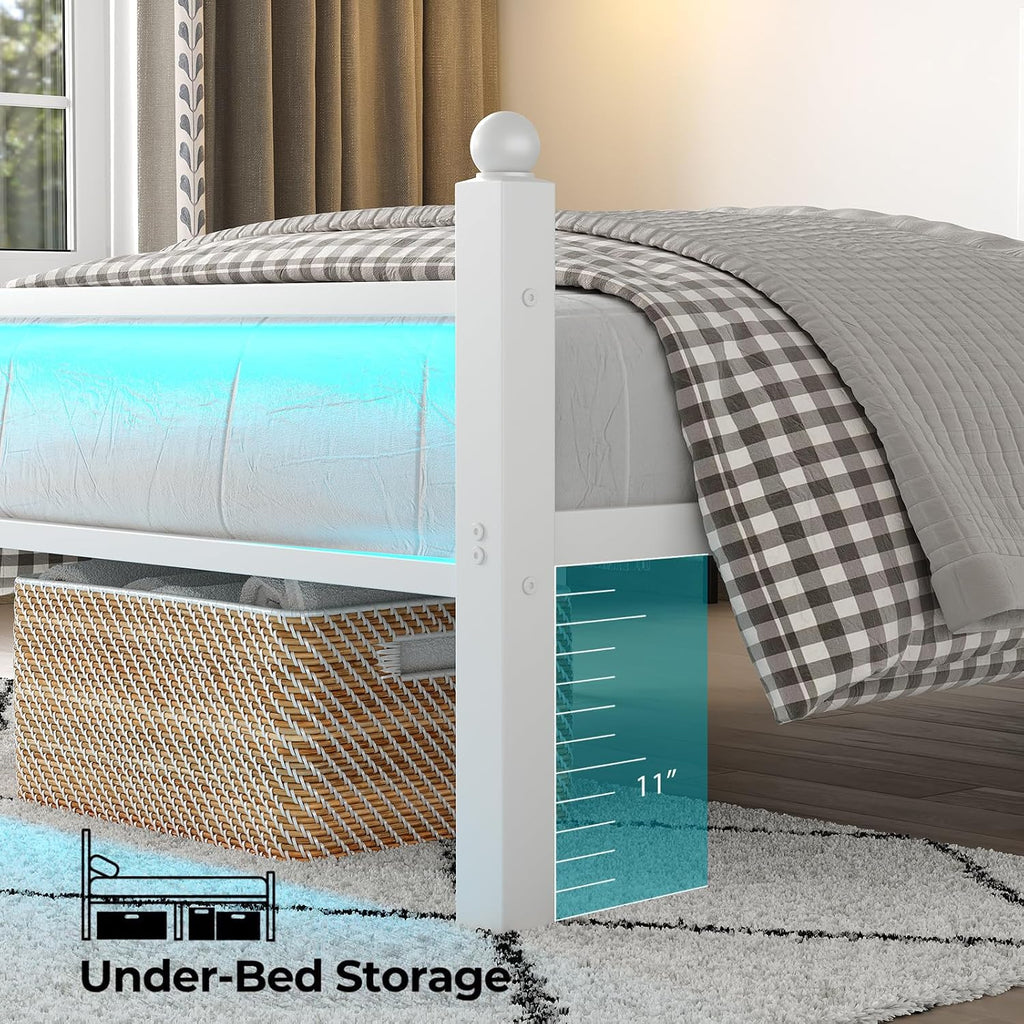 CollaredEagle Full Bed Frame with Headboard and Footboard, Metal Bed Frame with Charging Station and LED Lights, Under Bed Storage, No Box Spring Needed,Noise Free, White