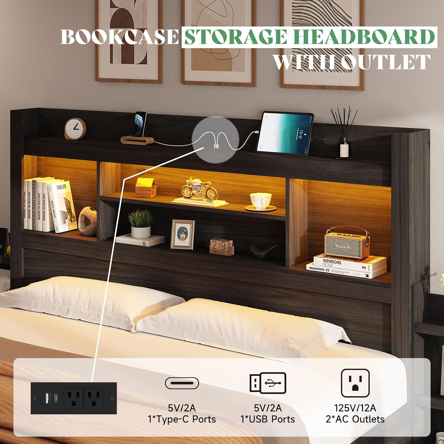 AMERLIFE King Size Bed Frame with 4 Storage Drawers, LED Bed Frame with 49.6' Tall Bookcase Headboard, Wood Platform Bed with Charging Station & 2 Slide Bedside Shelf, No Box Spring Needed/Black