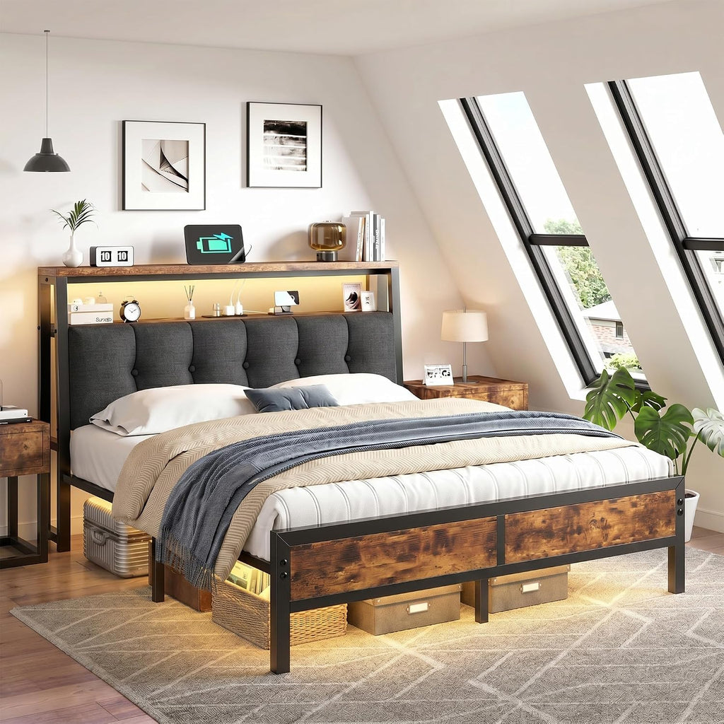Full Size Bed Frame with Charging Station,Bed Frame Full Size with LED Linghts Have Upholstered Storage Headboard and 12' Under-Bed Storage, Providing Noise-Free and No-Sliding Support,Vintage Brown