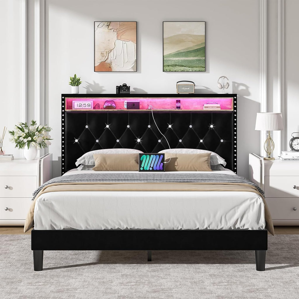 HOMBCK Queen Size Bed Frames with LED Lights and Headboard, Velvet Upholstered Beds Frames Queen with Charging Station and Storage, Modern Diamond and Rivet Design, No Box Spring Needed, Black