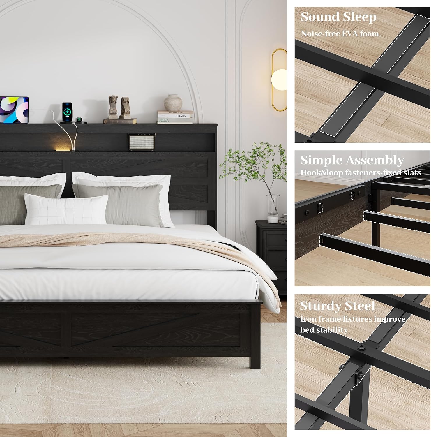 King Size Bed Frame with Headboard, Rustic Farmhouse Wood Bed Frame with LED Lights and Charging Station, Easy Assembly, No Box Spring Needed (Black, King)