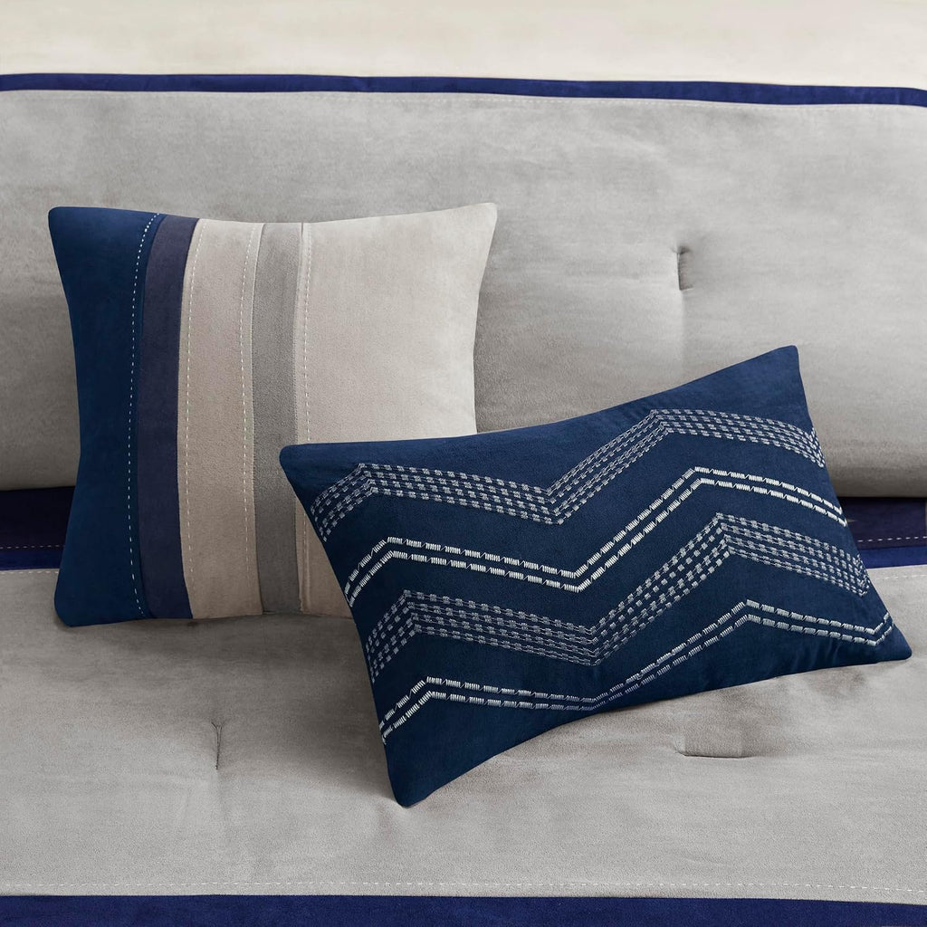 Madison Park Palisades Comforter Set Modern Faux Suede Pieced Stripe Design, All Season Down Alternative Cozy Bedding with Matching Shams, Decorative Pillows, Cal King(104'x92'), Blue 7 Piece