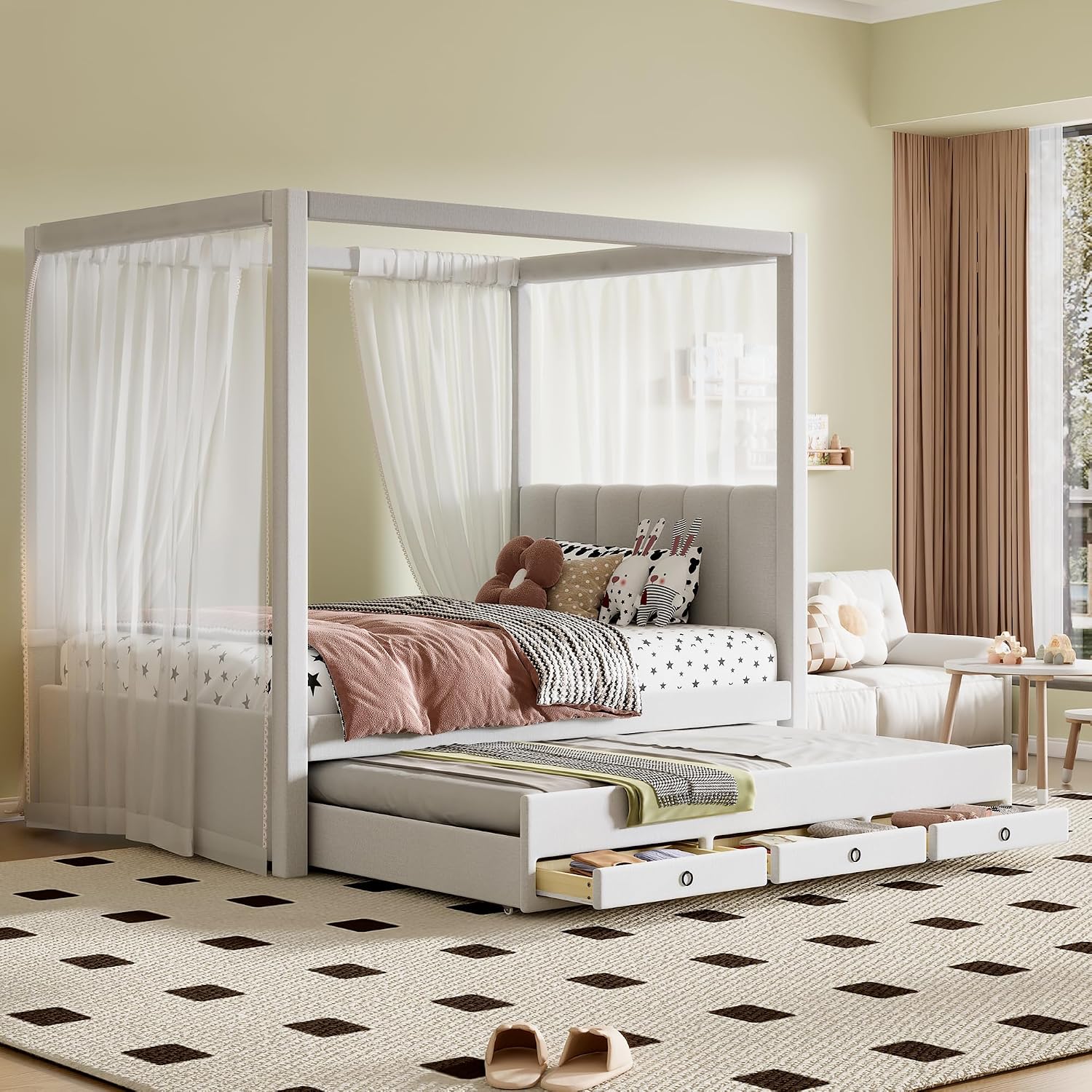 Twin Size Linen Upholstered Canopy Bed with Trundle and 3 Storage Drawers for Bedroom, Guest Room (Twin)