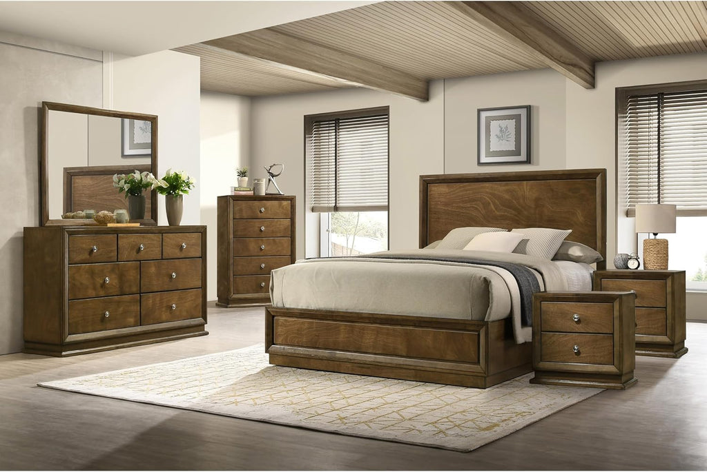 Furniture of America Extan Modern Solid Wood 6-Piece Bedroom Set with Beveled Corner, Metal Center Glide, Zinc Iron Bronze Knobs, Box Spring Needed, Queen, Walnut