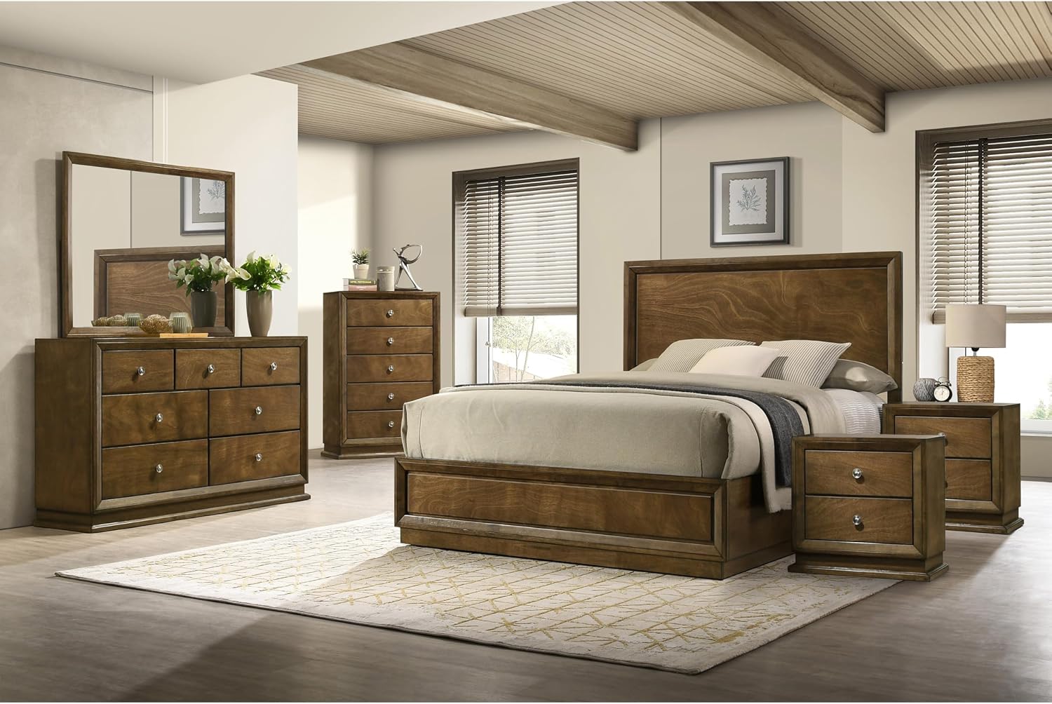 Furniture of America Extan Modern Solid Wood 6-Piece Bedroom Set with Beveled Corner, Metal Center Glide, Zinc Iron Bronze Knobs, Box Spring Needed, Queen, Walnut