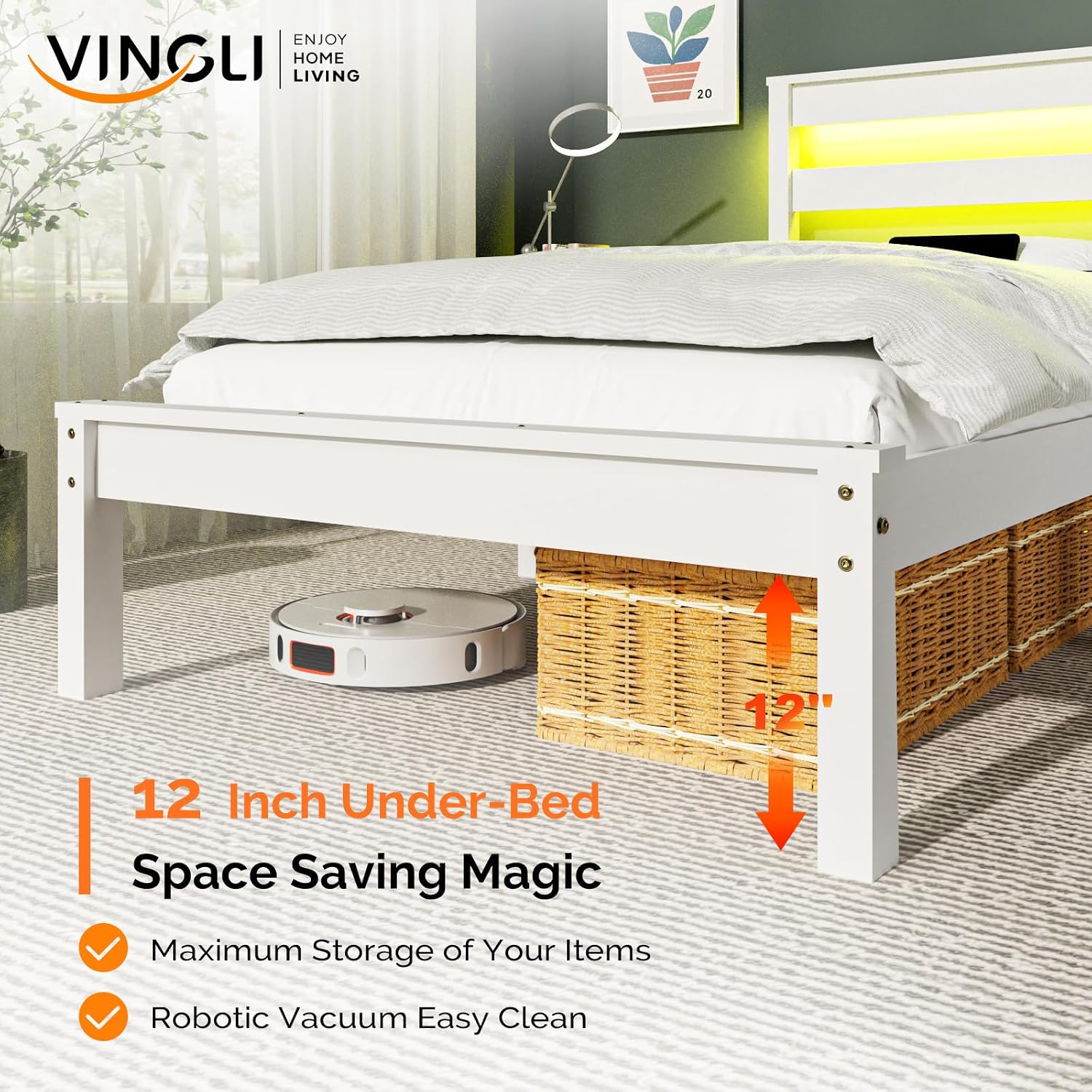 VINGLI LED Twin Bed Frame Set of 2 Solid Wood Platform Single Bed with Headboard Shelf USB Charging Station,Panel Bed, Wood Slat Support Mattress Foundation, White
