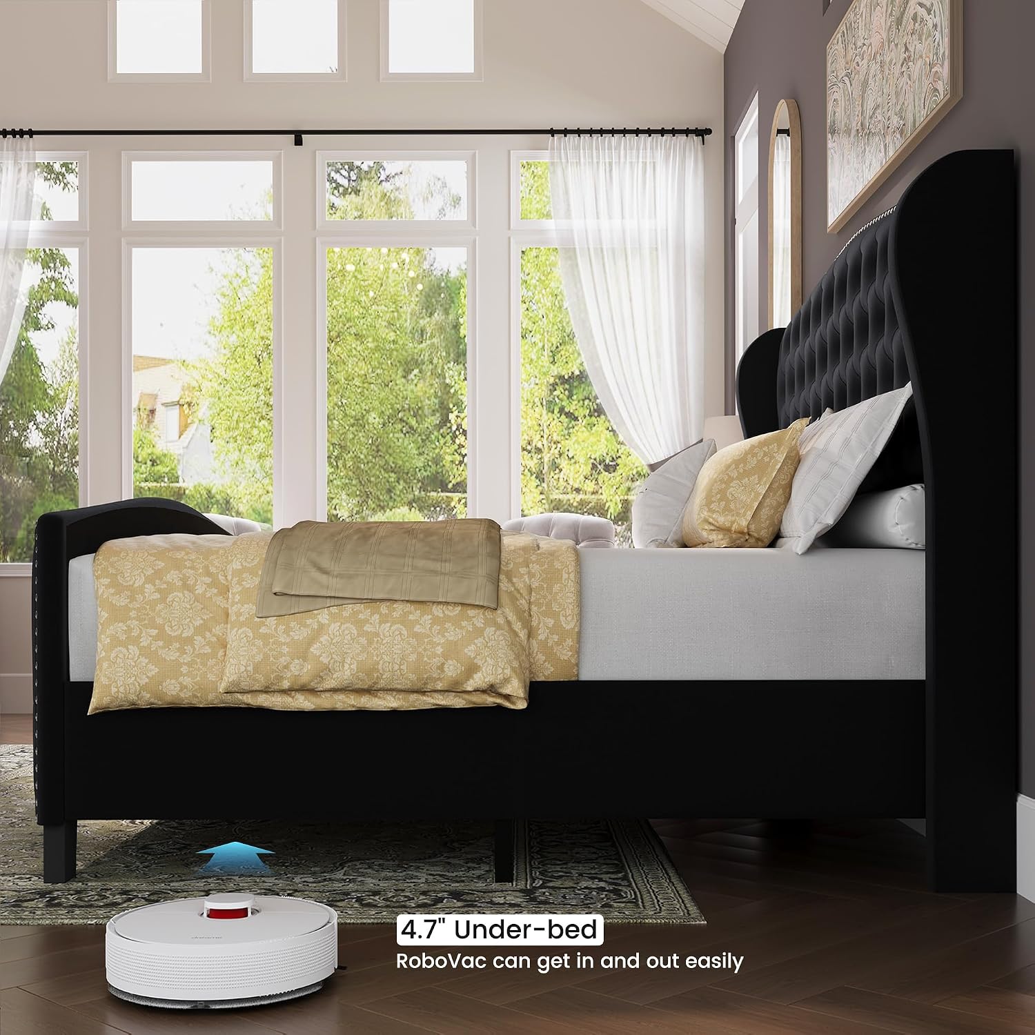 BRELTAM Upholstered King Size Bed Frame Velvet Black Tufted Platform Bed Frame with Wingback Headboard & Footboard, with Deep Button Tufted & Nailhead Wooden Slats Support, No Box Spring Needed