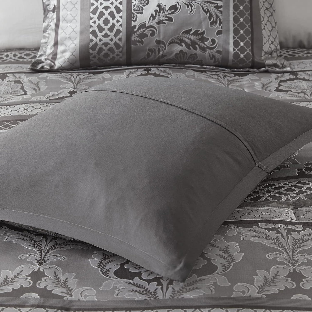 Madison Park Bellagio Cozy Comforter Set - Luxurious Jaquard Traditional Damask Design, All Season Down Alternative Bedding with Matching Shams, Decorative Pillow, King(104'x92') , Grey 7 Piece