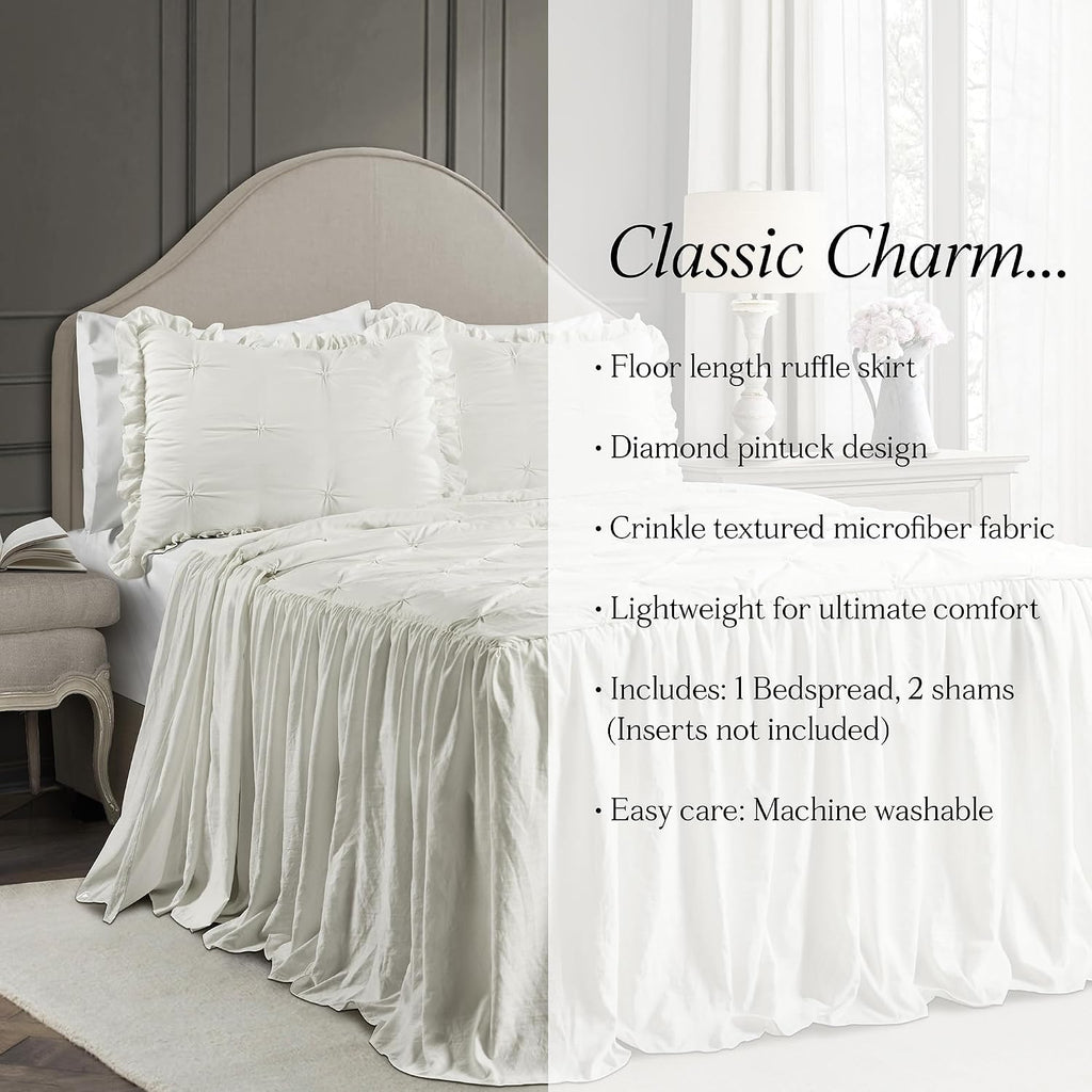 Lush Decor Ravello Pintuck Ruffle Skirt Bedspread Set - Luxe 3 Piece Ruffled Bedding Set - Traditional Glam & Farmhouse Inspired Bedroom Decor - King, White