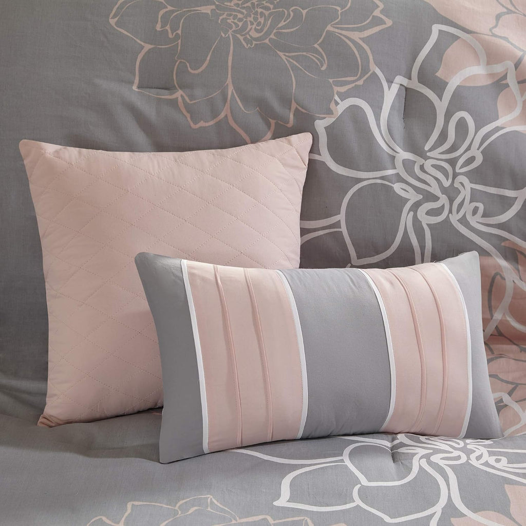Madison Park Lola Sateen Cotton Comforter Set-Casual Medallion Floral Design All Season Down Alternative Bedding, Shams, Bedskirt, Decorative Pillows, Cal King(104'x92'), Taupe Grey/Peach, 7 Piece