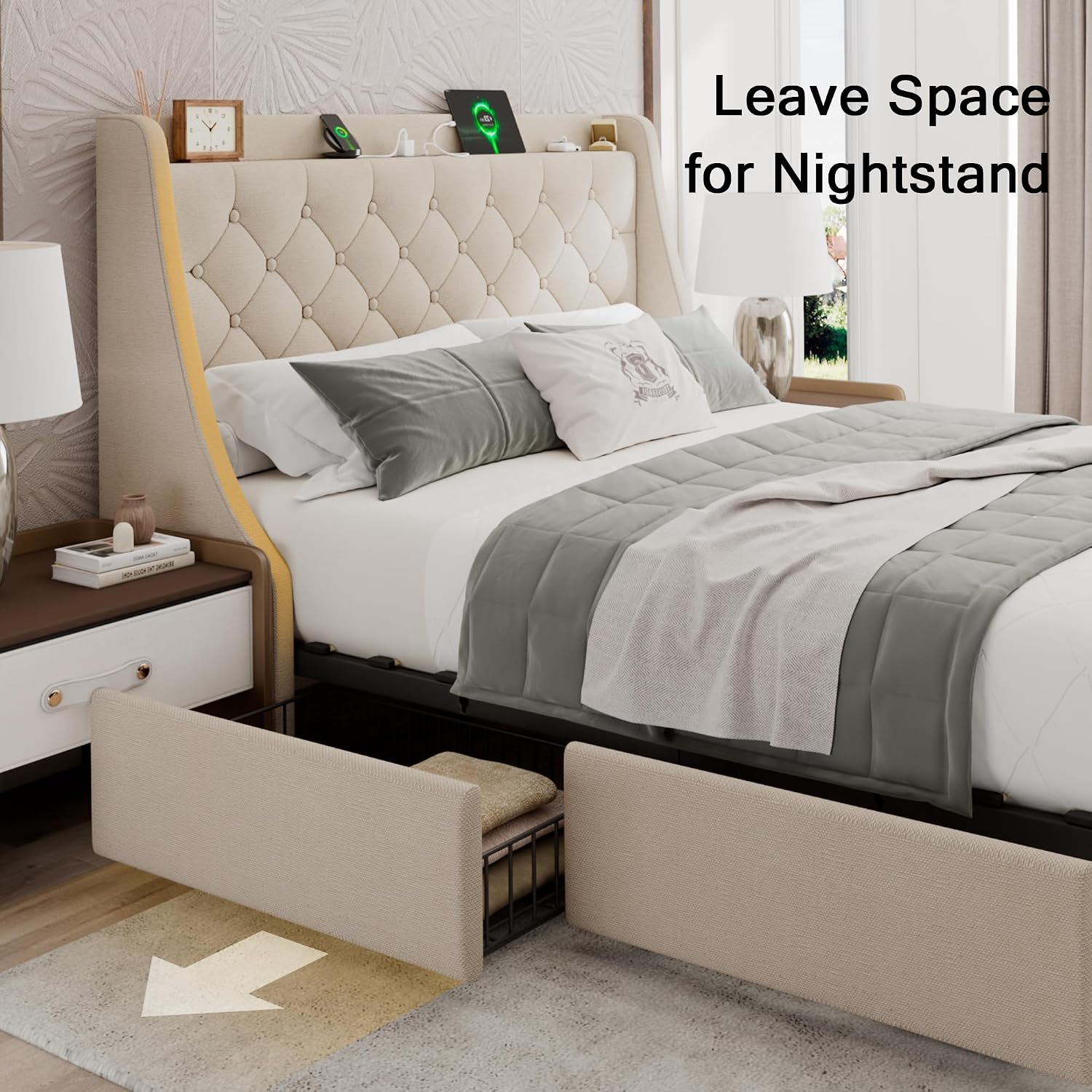 Einhomn Upholstered Full Size Bed Frame with 4 Storage Drawers, Platform Bed with Wingback Headboard, Charging Station, No Box Spring Needed, Beige