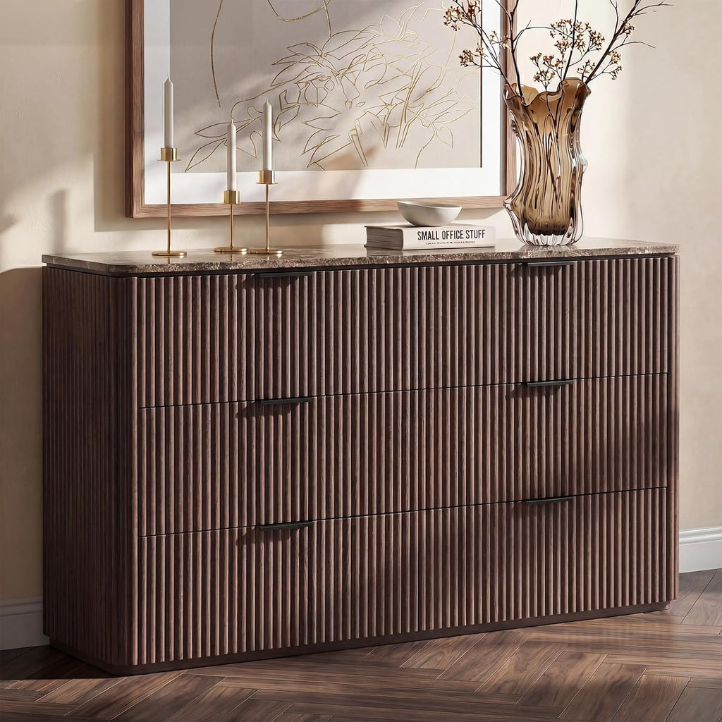 Dresser for Bedroom with 6 Drawers, 54'W Chest of Drawers, Fluted Dresser with Faux Marble Top, Curved Profile Design, Metal Handle, Wood Closet Storage Organizer for Living Room, Hallway, Dark Oak
