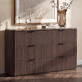 Dresser for Bedroom with 6 Drawers, 54'W Chest of Drawers, Fluted Dresser with Faux Marble Top, Curved Profile Design, Metal Handle, Wood Closet Storage Organizer for Living Room, Hallway, Dark Oak