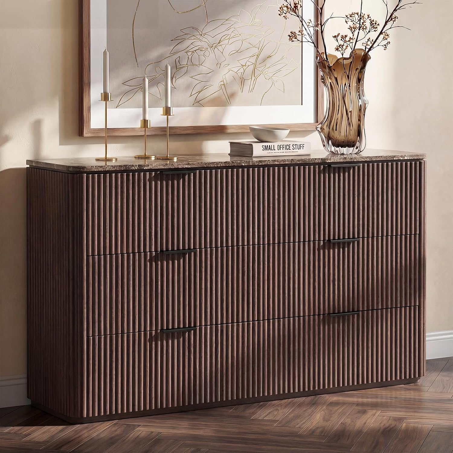 Dresser for Bedroom with 6 Drawers, 54'W Chest of Drawers, Fluted Dresser with Faux Marble Top, Curved Profile Design, Metal Handle, Wood Closet Storage Organizer for Living Room, Hallway, Dark Oak