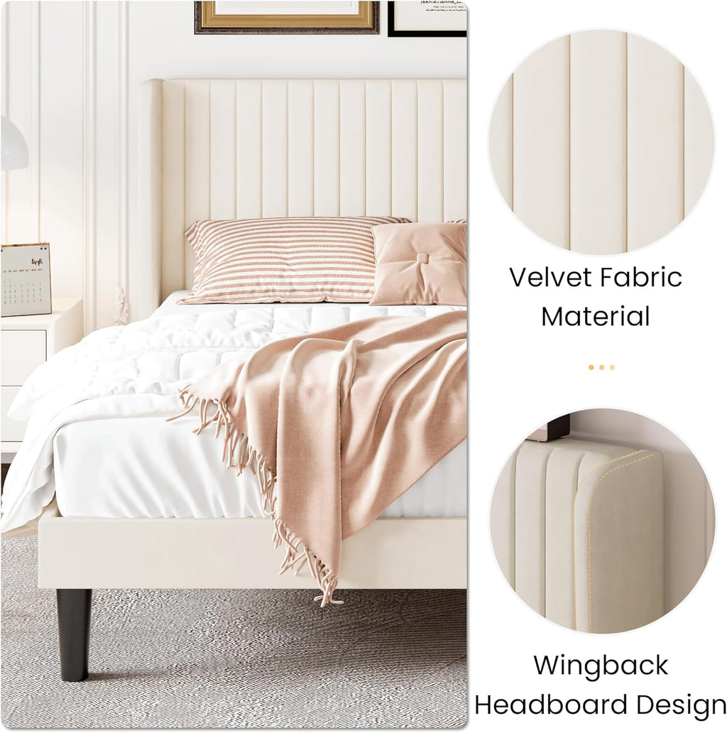 SHA CERLIN Queen Size Velvet Bed Frame with Vertical Channel Tufted Wingback Headboard, Upholstered Platform Bed with Wood Slats, No Box Spring Needed, Easy Assembly, Cream White