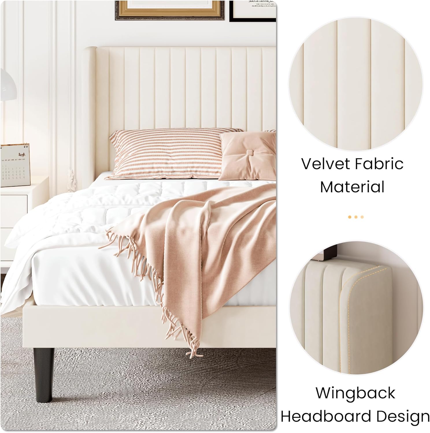SHA CERLIN Queen Size Velvet Bed Frame with Vertical Channel Tufted Wingback Headboard, Upholstered Platform Bed with Wood Slats, No Box Spring Needed, Easy Assembly, Cream White