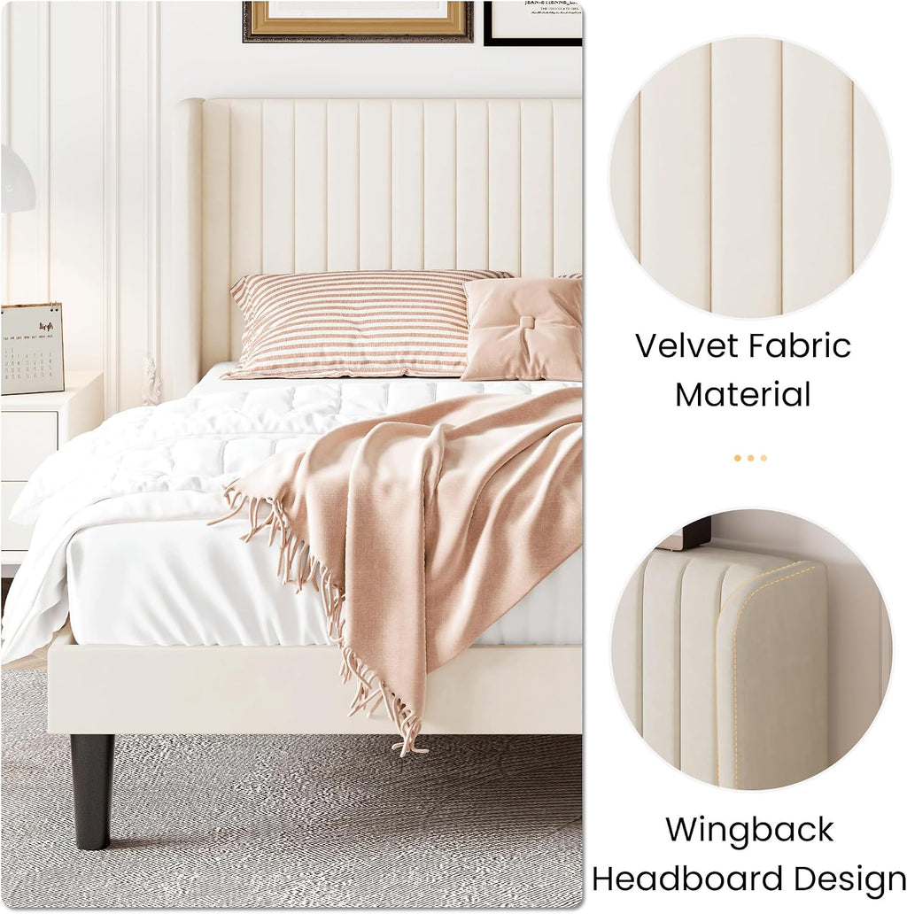 SHA CERLIN Full Size Velvet Bed Frame with Vertical Channel Tufted Wingback Headboard, Upholstered Platform Bed with Wood Slats, No Box Spring Needed, Easy Assembly, Cream White