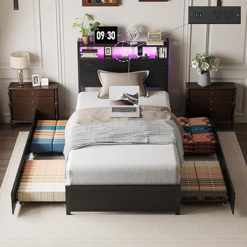 VINGLI Twin Bed Frame Set of 2 with 4 Storage Drawers and Adjustable Headboard Shelf, Metal Platform with Charging Station and LED Lights, No Box Spring Needed, Noise Free, Easy Assembly, Black