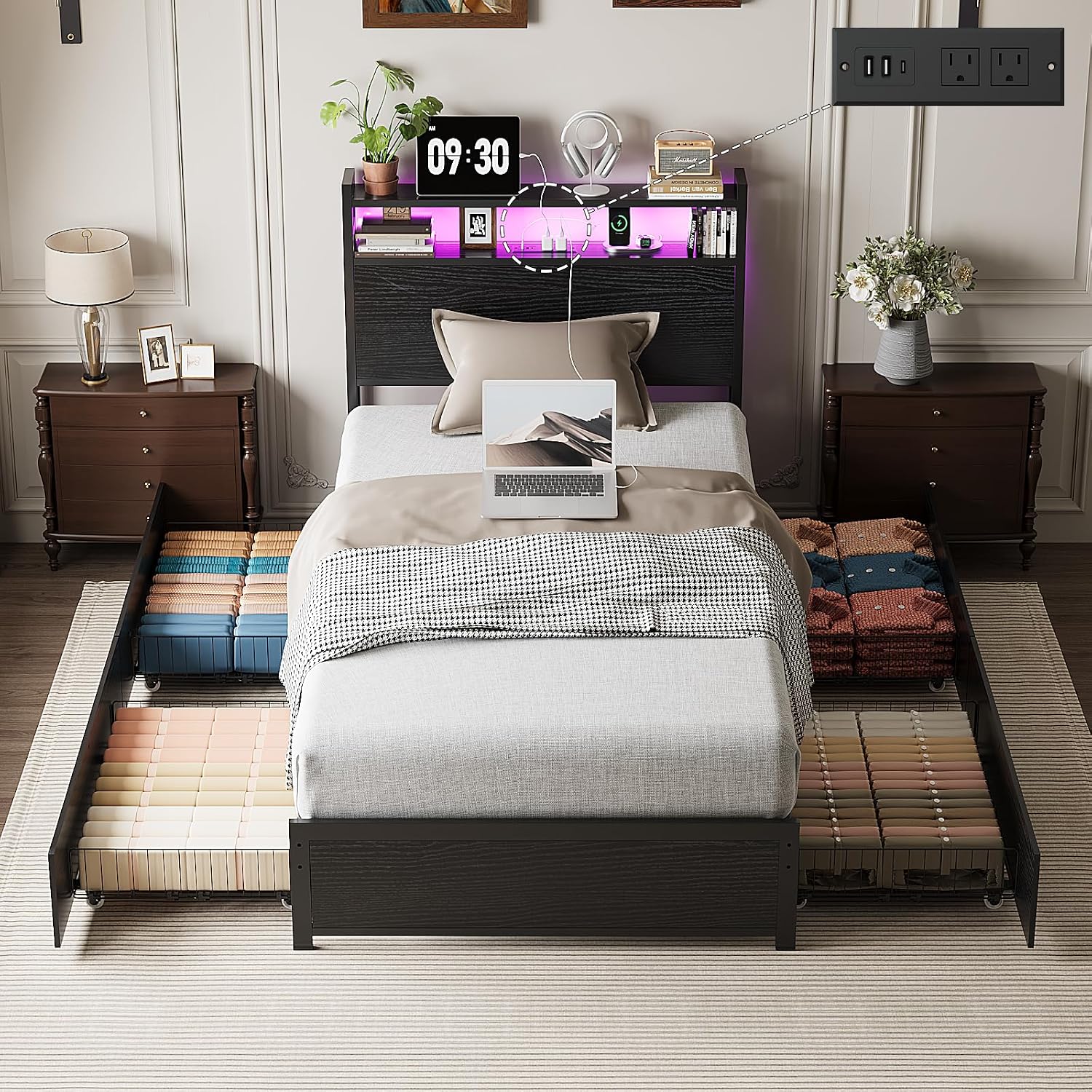 VINGLI Twin Bed Frame Set of 2 with 4 Storage Drawers and Adjustable Headboard Shelf, Metal Platform with Charging Station and LED Lights, No Box Spring Needed, Noise Free, Easy Assembly, Black