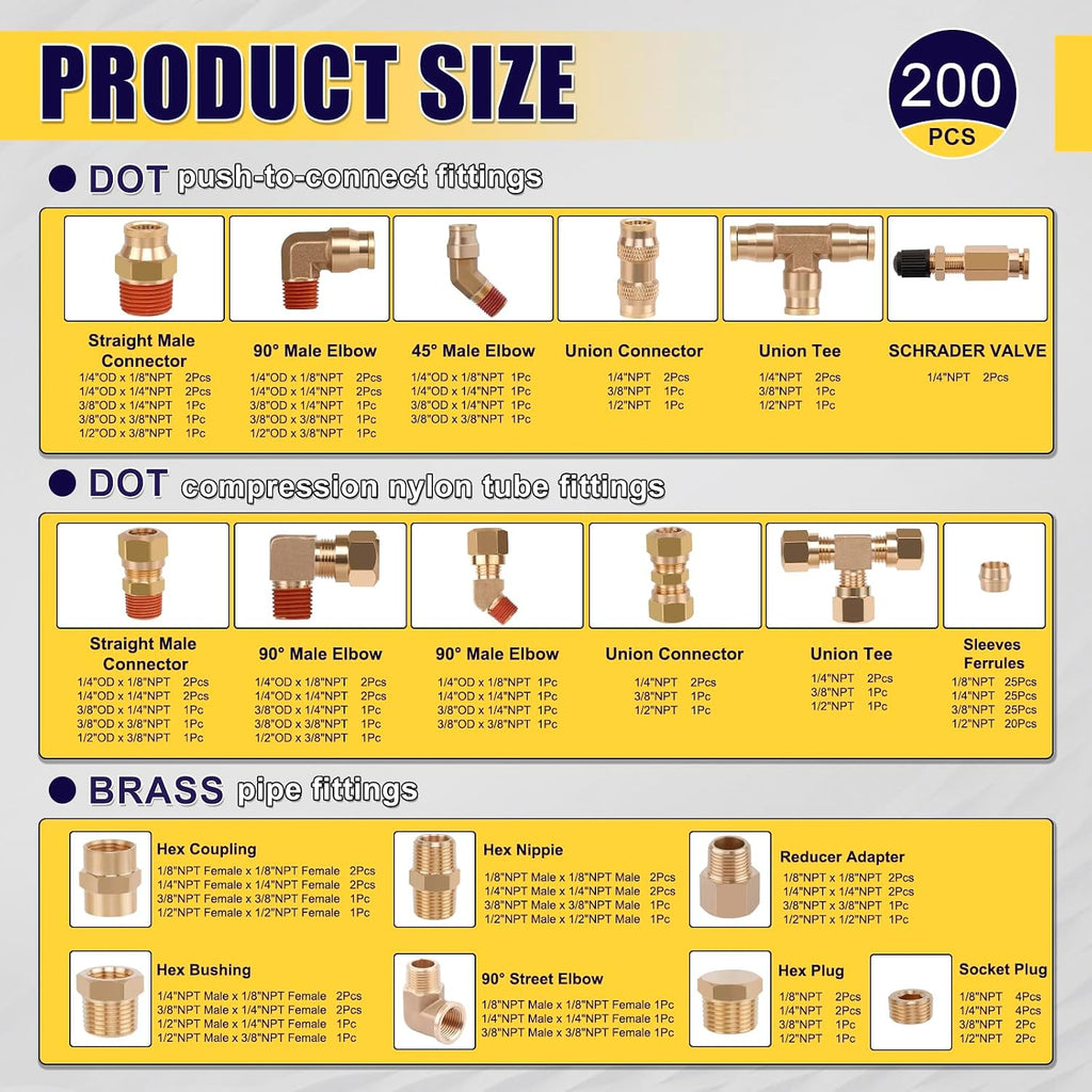 200 Pcs Brass DOT Air Brake Line Fittings & Air Nylon Tube Compression Fittings Assortment Kits,1/4' 1/8' 3/8' 1/2' NPT Push To Connect Fittings Quick Connect Air Hose Fittings