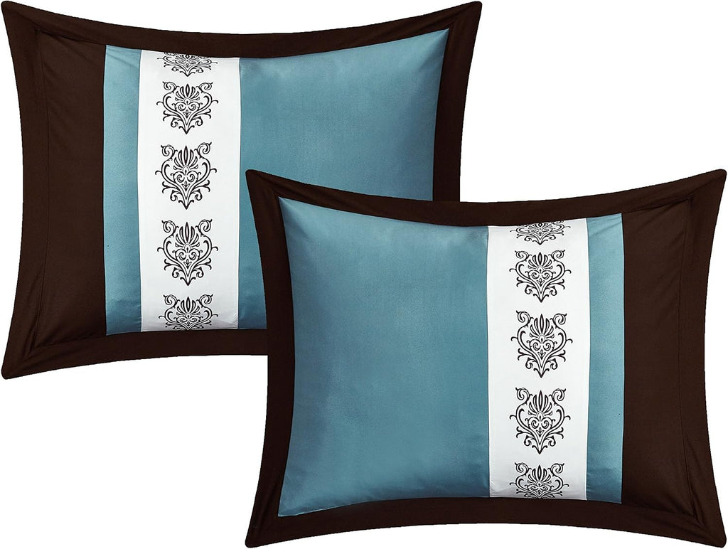 Chic Home Clayton 10 Piece Comforter Set Pintuck Pieced Block Embroidery Bed in a Bag with Sheet Set, King Blue Brown