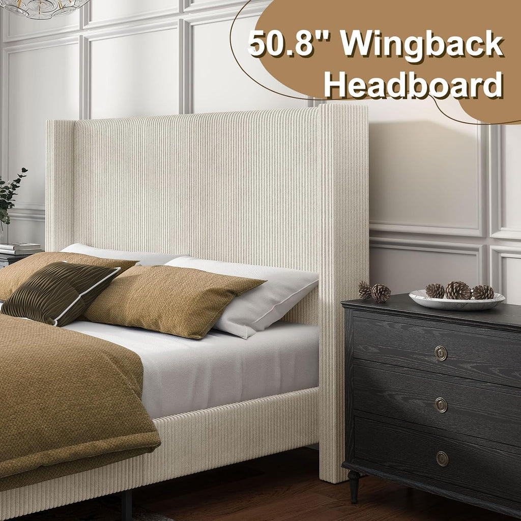 HOWE King Size Bed Frame with 50.8' Tall Wingback Headboard, Modern Corduroy Upholstered Platform Bed Frame with Solid Wood Slats & Legs, No Box Spring Needed, Noise-Reducing Design, Cream
