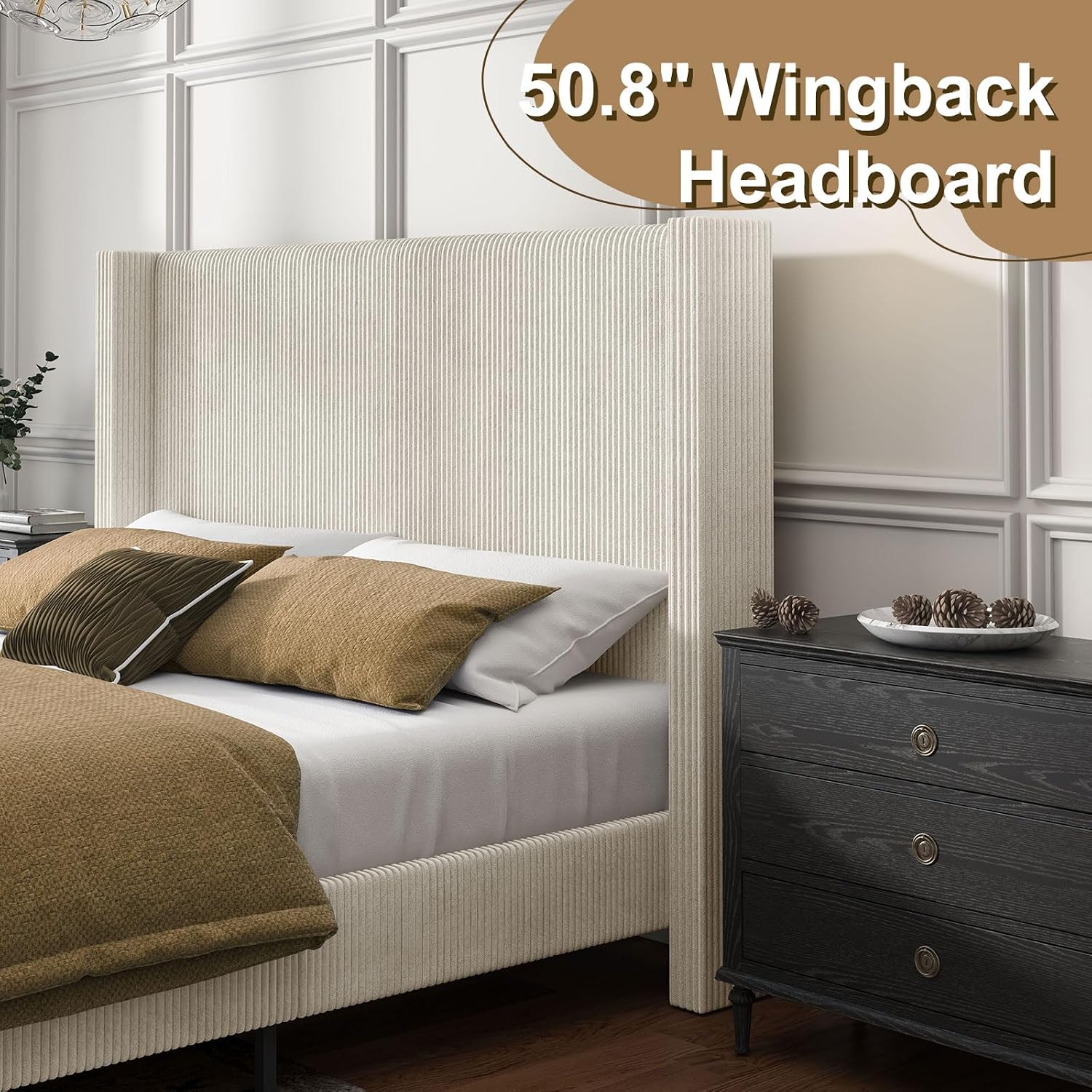 HOWE King Size Bed Frame with 50.8' Tall Wingback Headboard, Modern Corduroy Upholstered Platform Bed Frame with Solid Wood Slats & Legs, No Box Spring Needed, Noise-Reducing Design, Cream