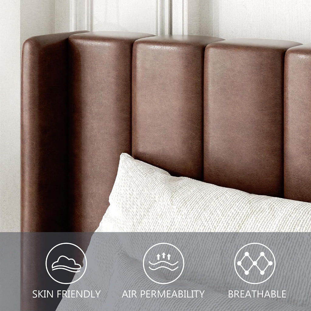 Gruwans Queen Size Bed Frame with Upholstered Wingback Headboard, Easy Assemnly Platform Bed, Wooden Slat Support No Box Spring Needed, Dark Brown Leather