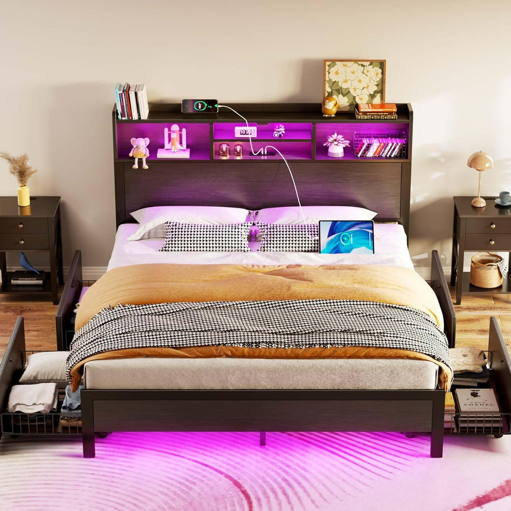Rolanstar Queen Bed Frame with Storage,4-Drawer Platform Bed with USB Charging Station,Built in LED Lights and Bookcase Headboard,No Box Spring Needed,Easy Assembly,Noise-Free,Black