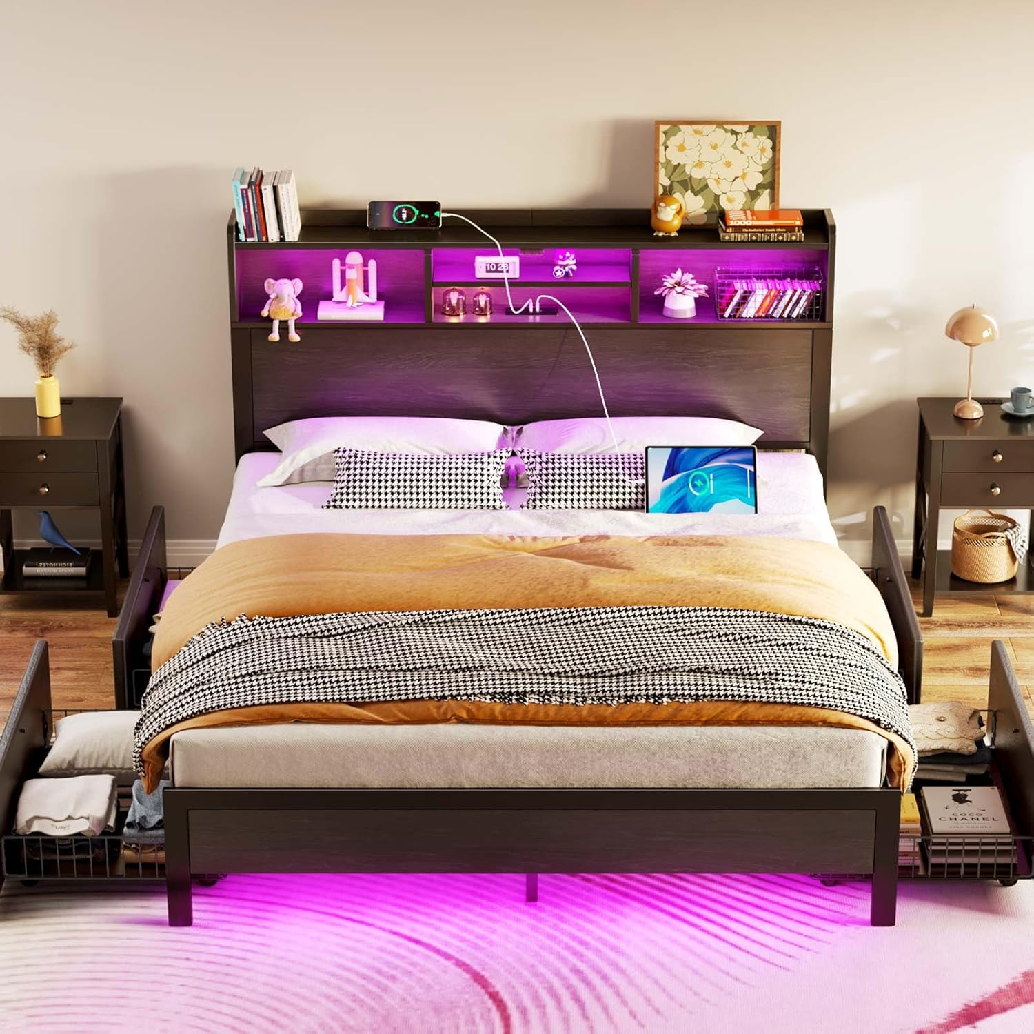 Rolanstar Queen Bed Frame with Storage,4-Drawer Platform Bed with USB Charging Station,Built in LED Lights and Bookcase Headboard,No Box Spring Needed,Easy Assembly,Noise-Free,Black
