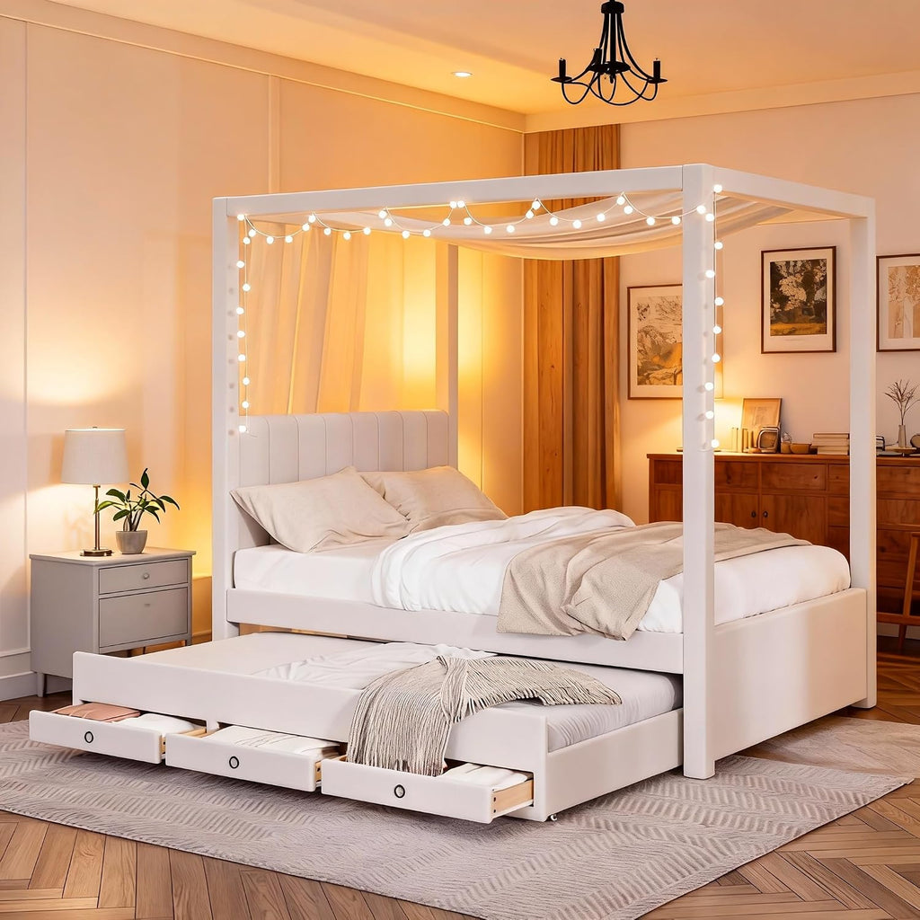 Full Size Linen Upholstered Canopy Bed with Trundle and 3 Storage Drawers for Bedroom, Guest Room (Full)