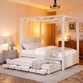Full Size Linen Upholstered Canopy Bed with Trundle and 3 Storage Drawers for Bedroom, Guest Room (Full)