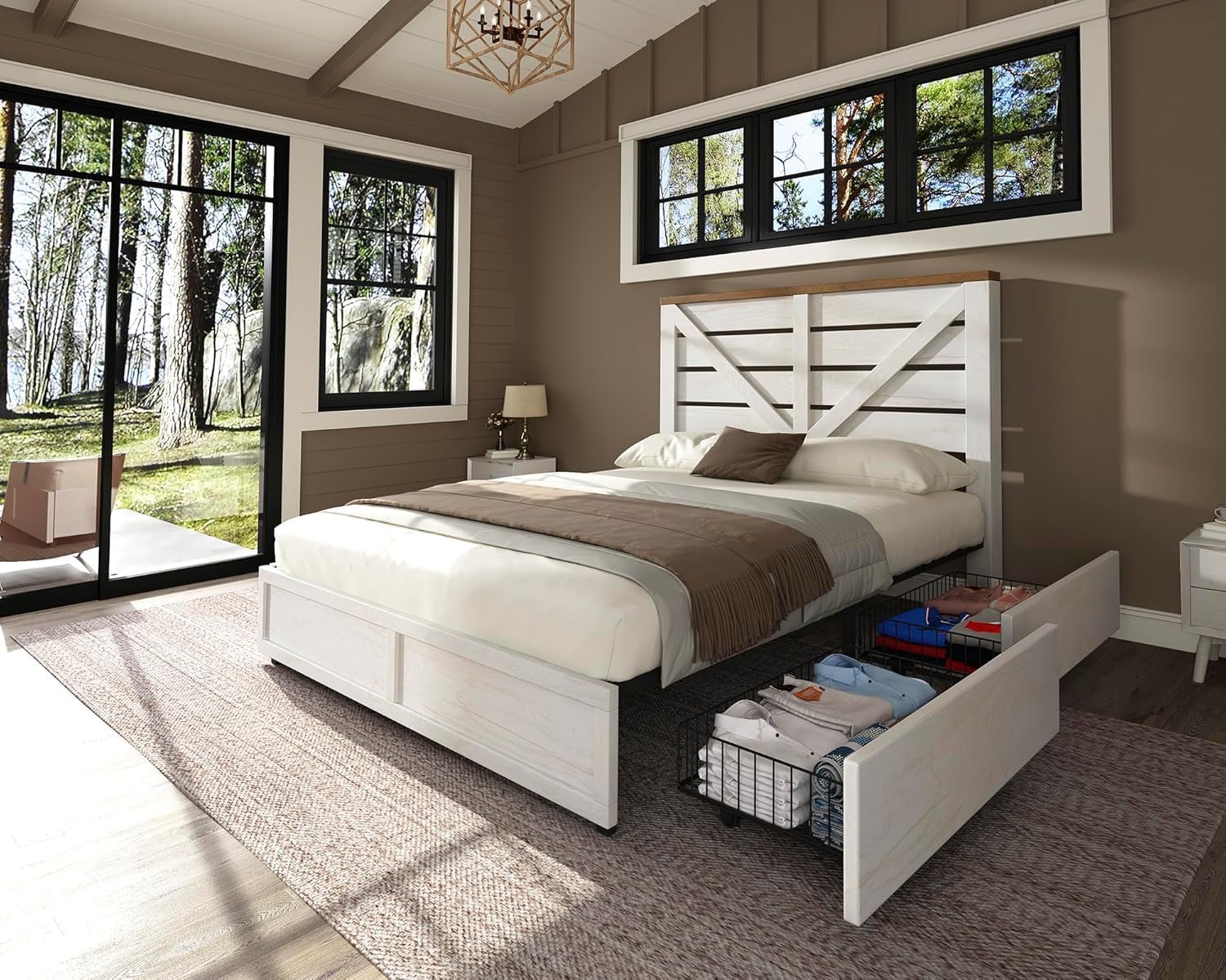 AMERLIFE Full Size Farmhouse Bed Frame with 4 Drawers, Wooden Storage Bed Frame with Headboard and Heavy Duty Metal Slats, Noisy Free, Easy Assemble, White/Barnwood