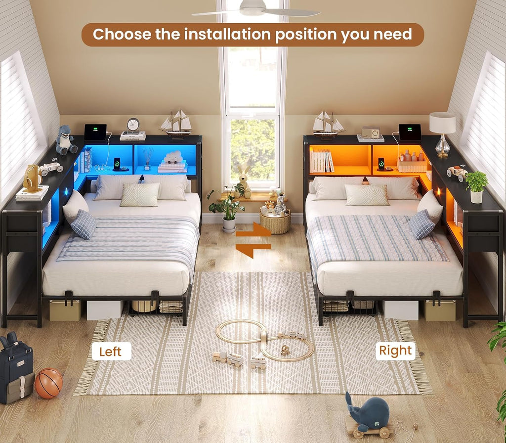 Hasuit Twin Corner Bed Frame with Storage Drawers and Bookcase Headboard, Twin Size Metal Platform Corner Bed Frame with Charging Station and LED Lights, Twin Daybed for Kids Teens Guests, Black