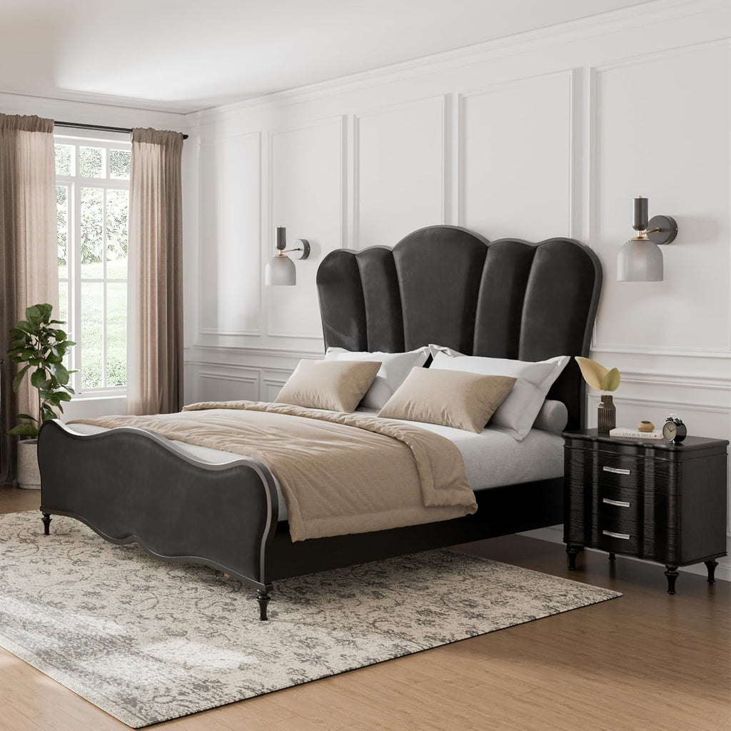 Furniture of America Seabliss Glam Solid Wood 2-Piece Bedroom Set with Padded Headboard Bed, Felt-Lined Top Drawer, Ball-Bearing Glides on Nightstand, Box Spring Needed, Queen, Black