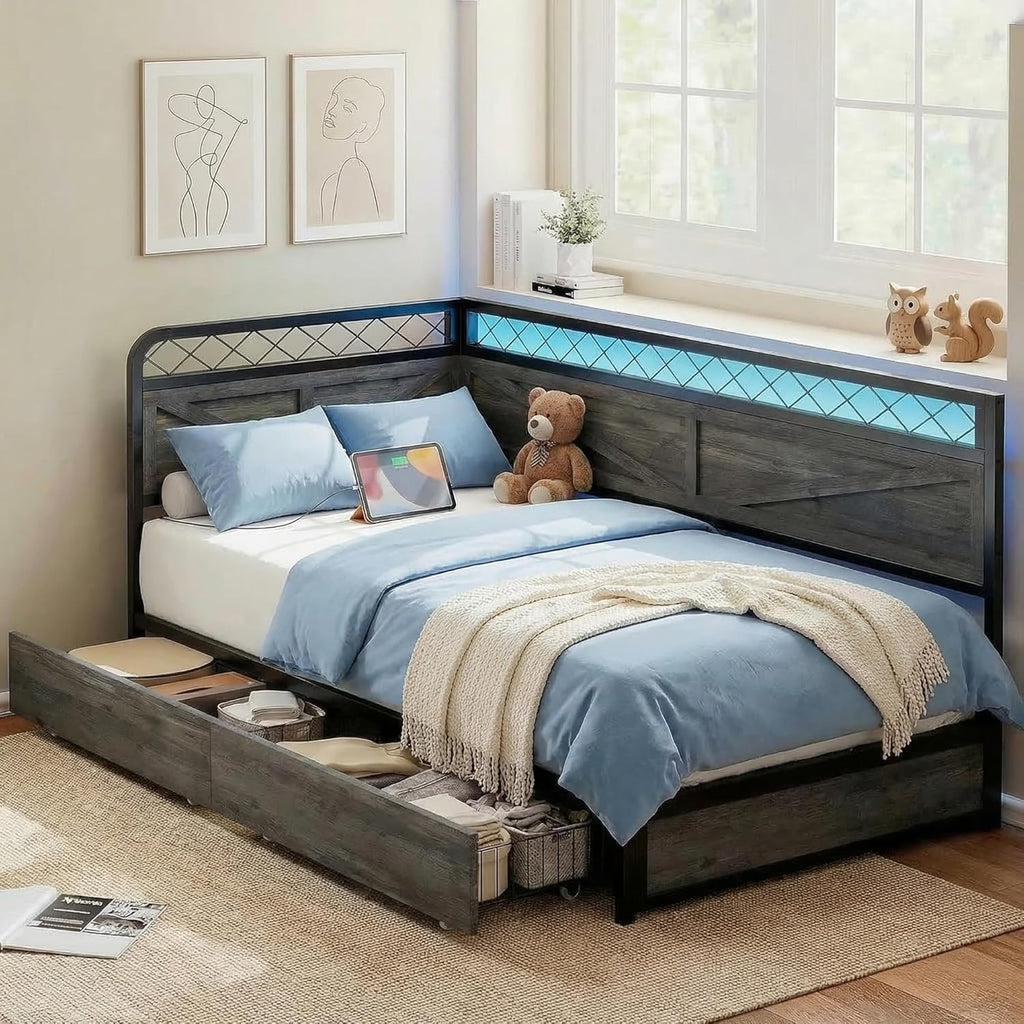 ANCTOR Twin Corner Bed Frame with Storage Drawers, Daybed with LED Lights and Charging Station, No Box Spring Needed, Heavy Duty, Easy Assembly for Living Room, Bedroom and Guest Room, Grey
