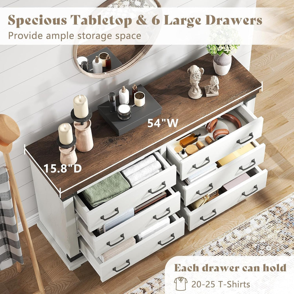 AMERLIFE 2 Pieces Farmhouse Bedroom Set, Rustic Wooden Queen Bed Frame with 54' Tall Headboard & 6 Drawers Dresser Chest, Heavy Duty Thick Plank Design, Antique White