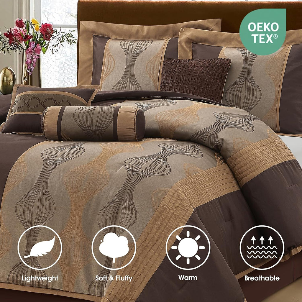 LANCO MODERN LIFESTYLE Full Comforter Set, Brown, 7 Pieces Bed in a Bag, Ultra Soft Jacquard with Solid Piecework, Luxury Bed Set with Comforters, Bed Skirt, Pillow Shams and Decorative Pillows