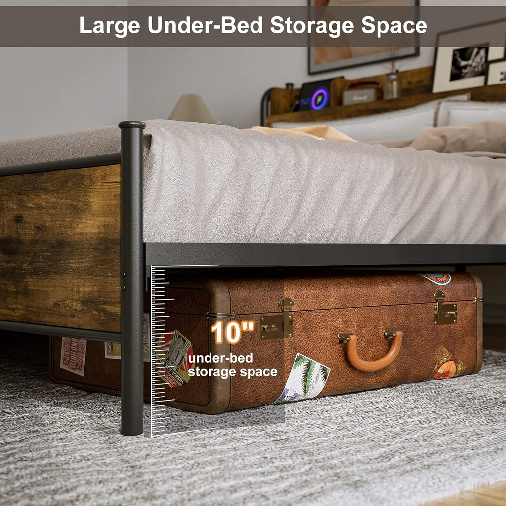 IKIFLY King Size Bed Frame with Storage Shelf Headboard & Charging Station, Industrial Metal King Platform Bed with LED Lights, Strong Metal Slats Support, No Box Spring Needed, Rustic Brown
