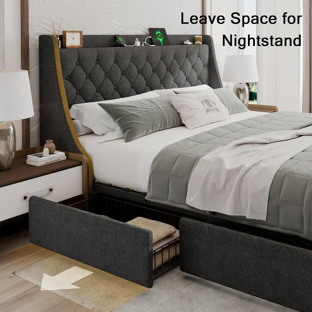 Einhomn Upholstered King Size Bed Frame with 4 Storage Drawers, Platform Bed Frame with Wingback Headboard, Charging Station, No Box Spring Needed, Dark Grey