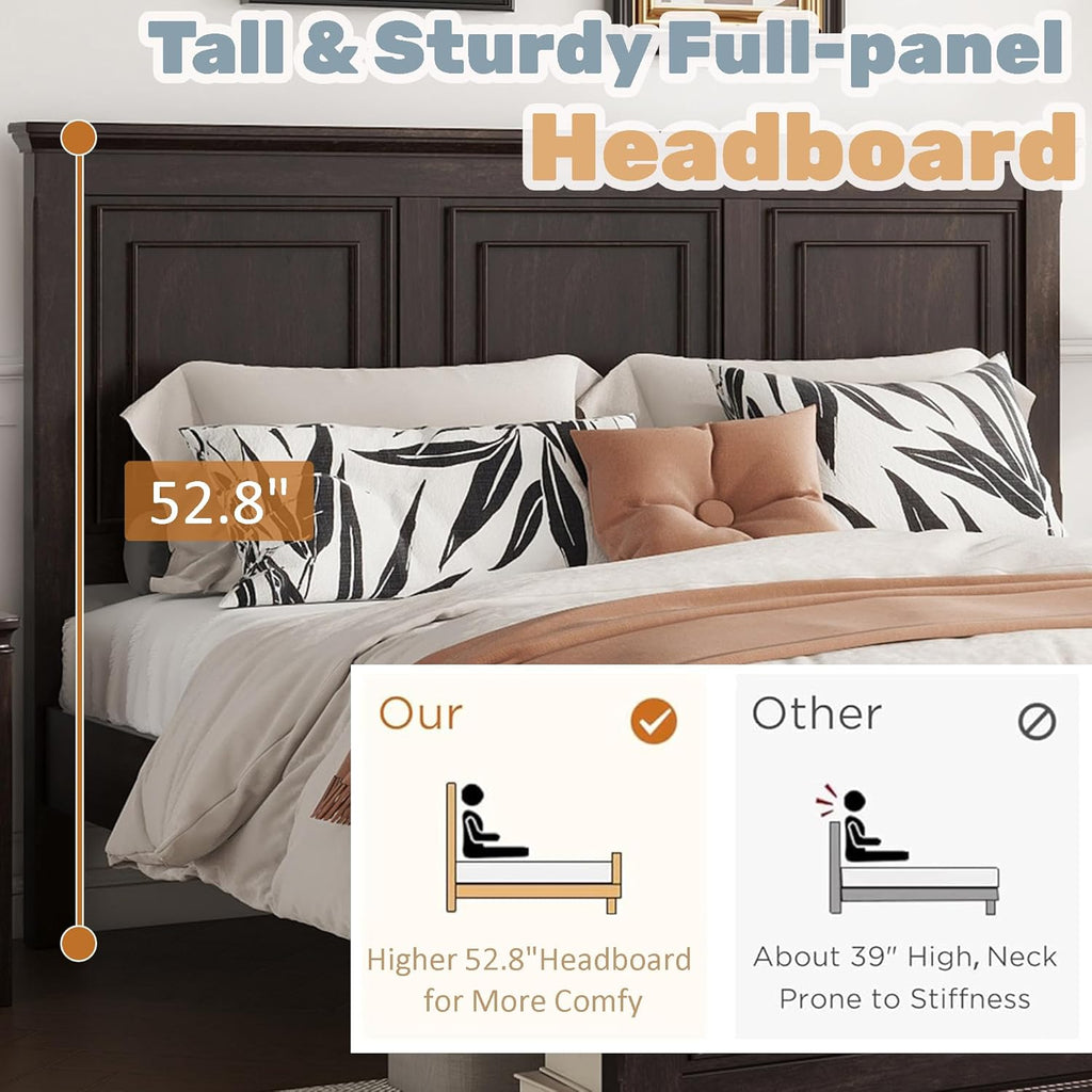 Mirightone Farmhouse King Bed Frame with High Headboard & Footboard, Solid Wood Rustic Bedroom Furniture Set with USB Charging Station, Under Bed Storage, No Box Spring Needed,Antique Brown