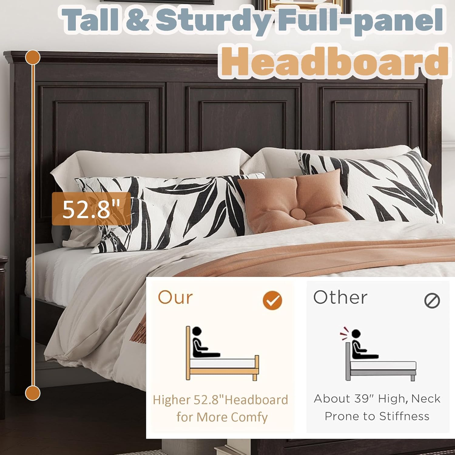 Mirightone Farmhouse King Bed Frame with High Headboard & Footboard, Solid Wood Rustic Bedroom Furniture Set with USB Charging Station, Under Bed Storage, No Box Spring Needed,Antique Brown